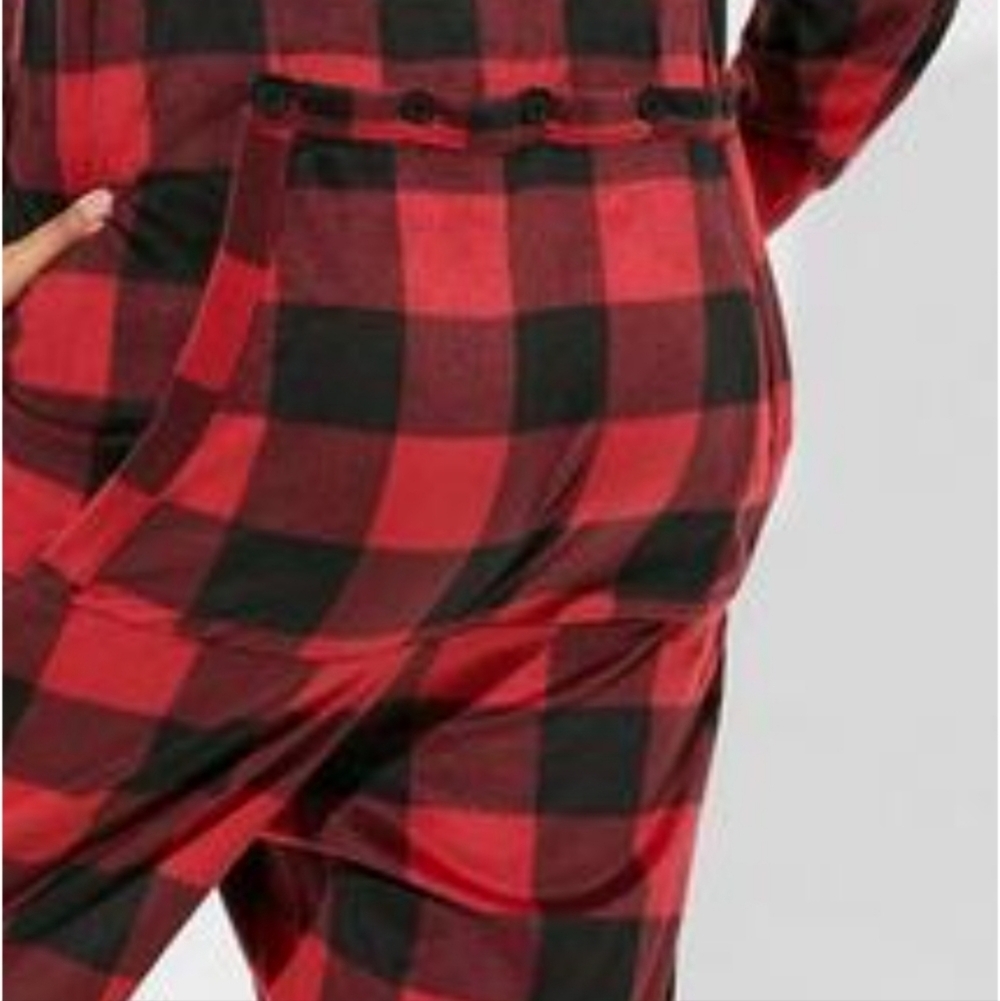 🆕️ 1X / 2X BUFFALO PLAID FLEECE HOODED BACK FLAP LOUNGING ONESIE - Picture 5 of 7